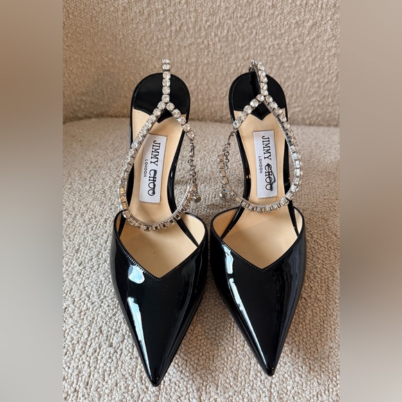 Jimmy Choo SAEDA 100mm EU 37 Black Patent Crystal-Ankle Strap Pointed Toe Pumps - Picture 4 of 6